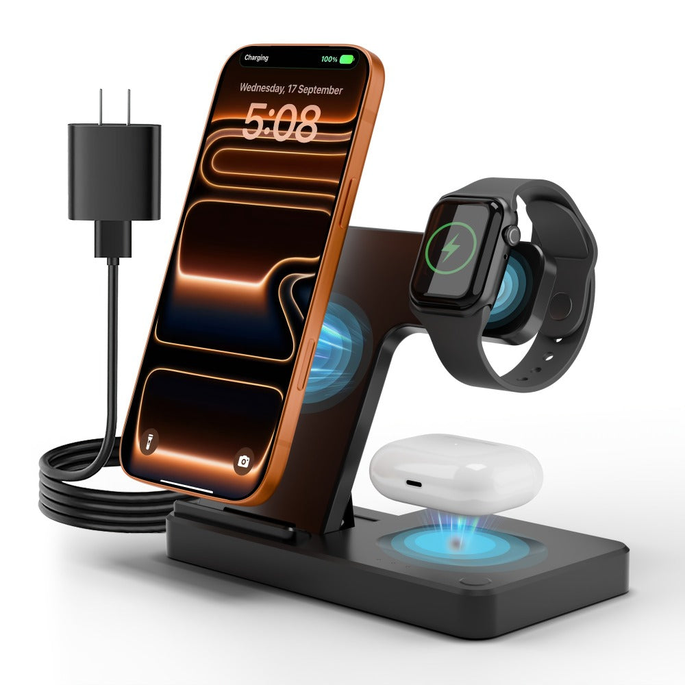 Foldable 3-in-1 Wireless Charging Station with LED Indicator & Anti-Slip Fast Charge for iPhone 17 16 15 14 13 12 11 Pro Max XR XS, Apple Watch Ultra Series 11 10 9 8 7 6 5 SE, AirPods 4 3 2 Pro & Samsung Galaxy – Black White, With/Without Adapter