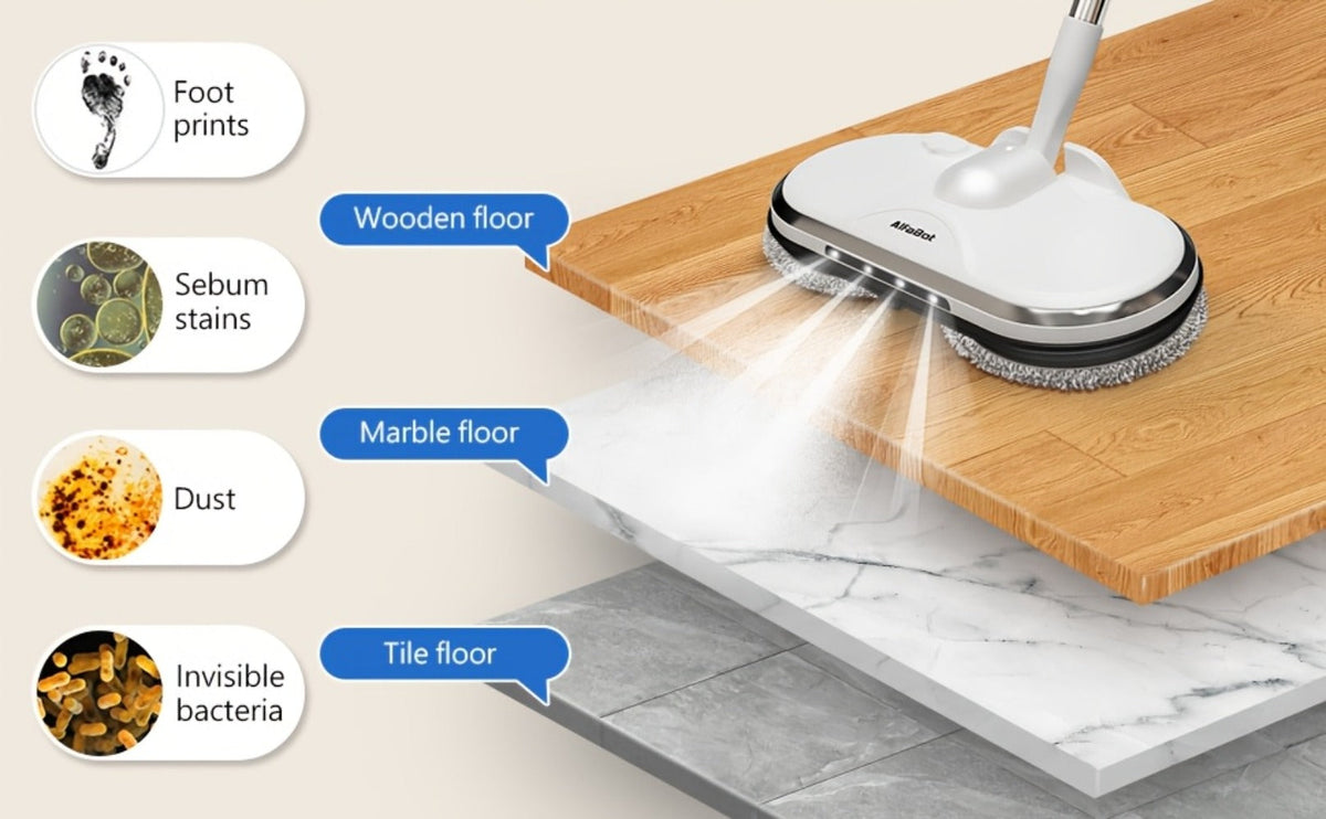 Cordless Electric Spin Mop with LED Headlight & Sprayer, 50-Min Runtime 6oz Water Tank, Lightweight Floor Scrubber for Hardwood Tile Laminate Floors