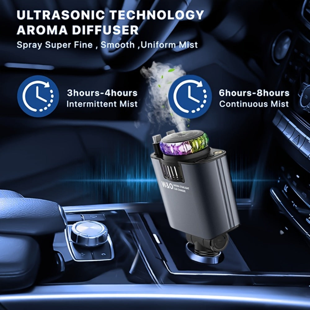Car Charger with Perfume 3-in-1 Fast Charging AromaRelax Starlight Projector Retractable Cable USB-C & Lightning for iPhone 16 15 14 13 12, Samsung Galaxy Android – Blue Red, Flower Heart Shangri-la Cologne Styles