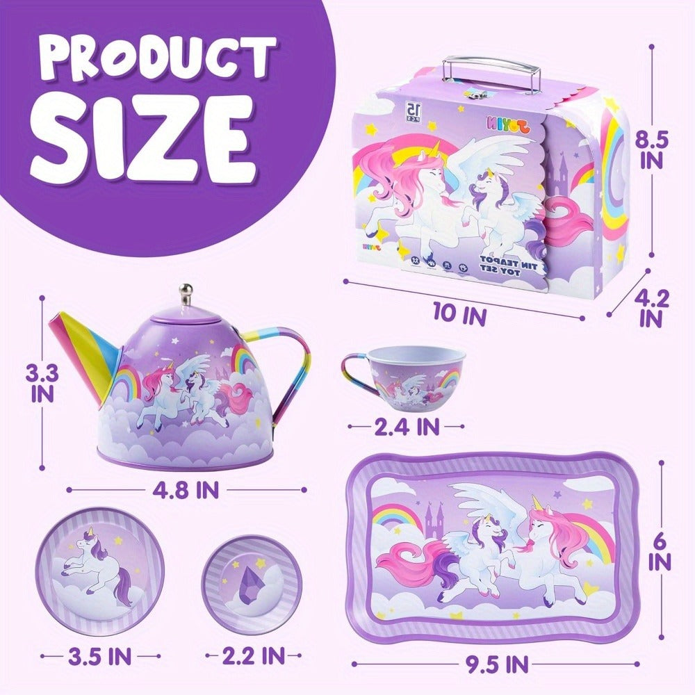 Purple Unicorn Pretend Play Tea Set with Teapot, Cups and Storage Case