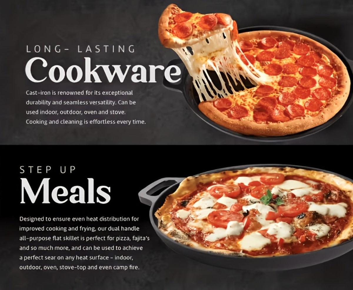 Cast Iron Skillet 11 Inch Pre-Seasoned Round Grill Pan with Dual Loop Handles – Even Heating for Oven, Stovetop, Campfire & Grill | Heavy-Duty Kitchen Cookware for Pizza, Steak & More