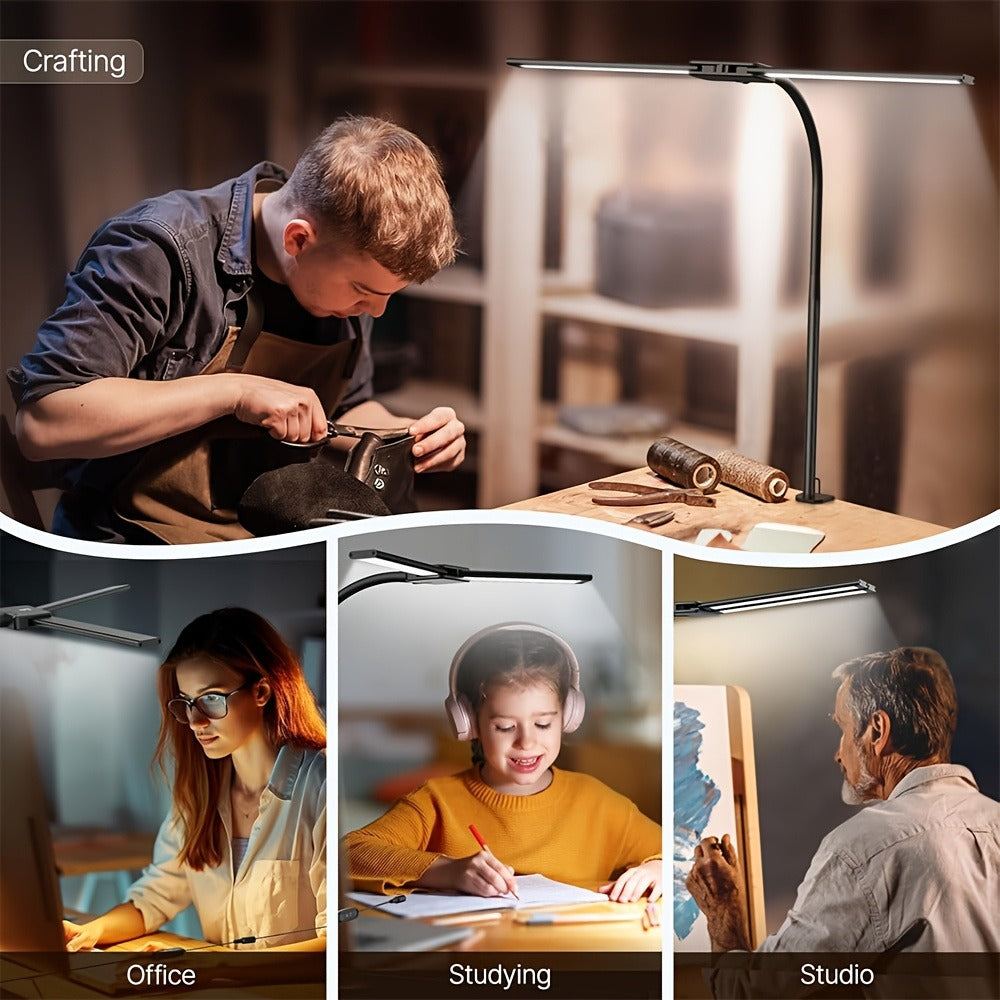 Dual Head Clamp Desk Lamp USB Powered – 2X Brighter Swing Arm LED Light, 3 Color Modes & 10 Brightness Levels for Dual Monitors, Drafting, Workbench & Home Office, Black