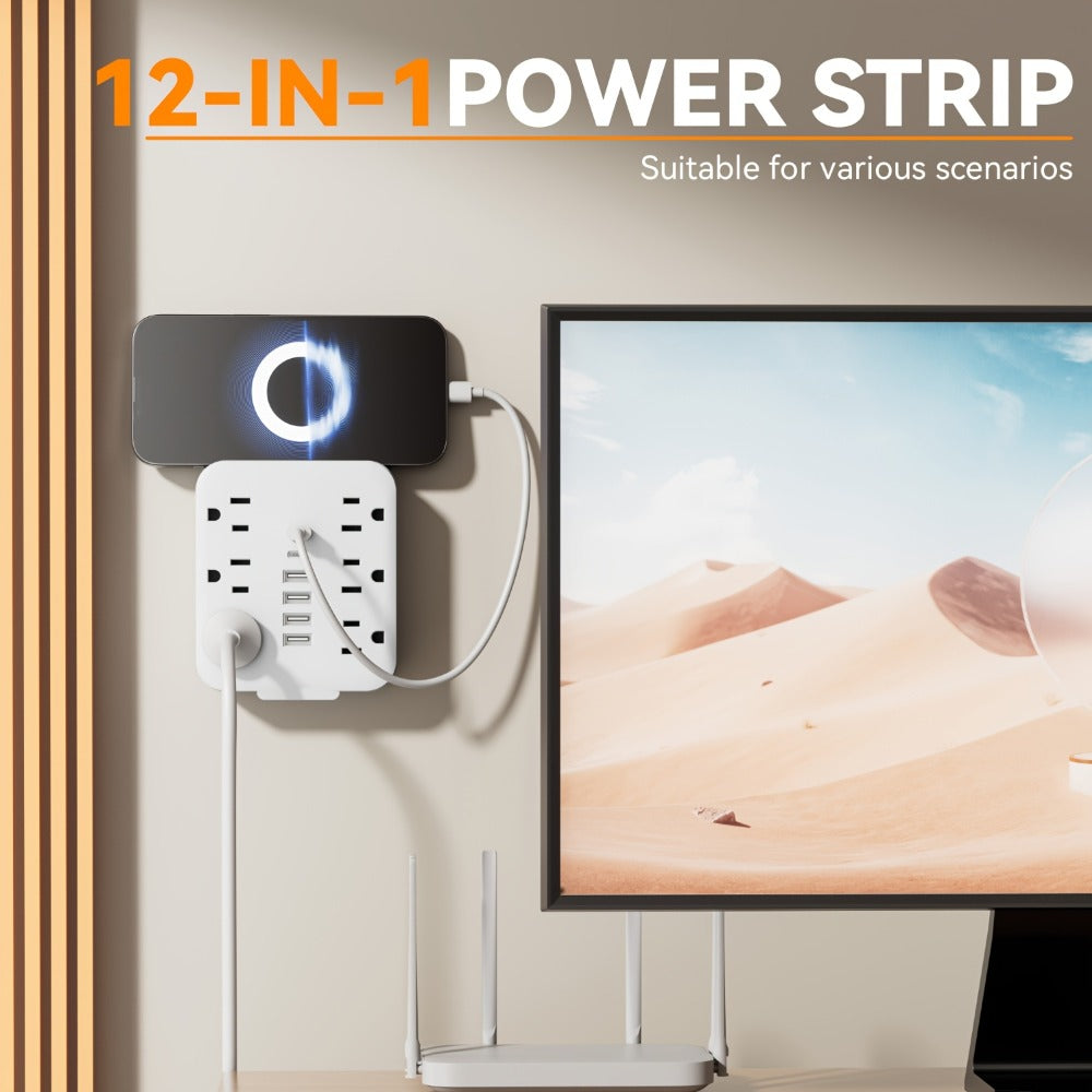 Wall Power Strip 12-in-1 with 6 AC Outlets & 6 USB Ports (2 USB-C) – Compact Space-Saving Plug, 110-130V US Plug for Home & Office – White & Black