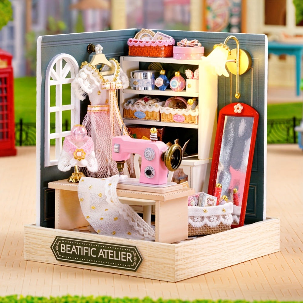DIY Wooden Miniature Shop Kit with Dust Cover in Four Themes