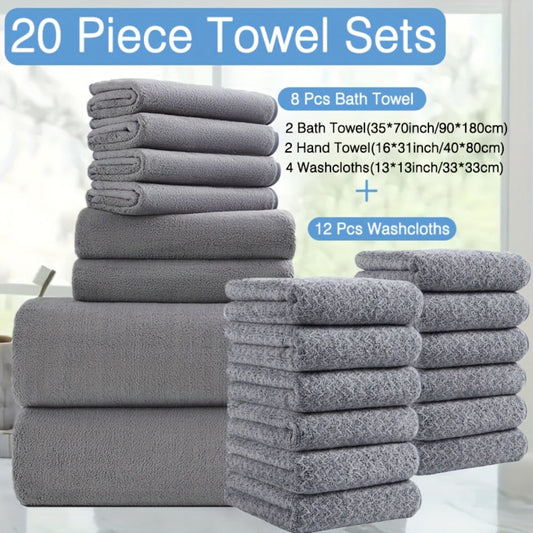 Bath Towel Set, 20-Piece Microfiber with 8 Bath Towels and 12 Washcloths