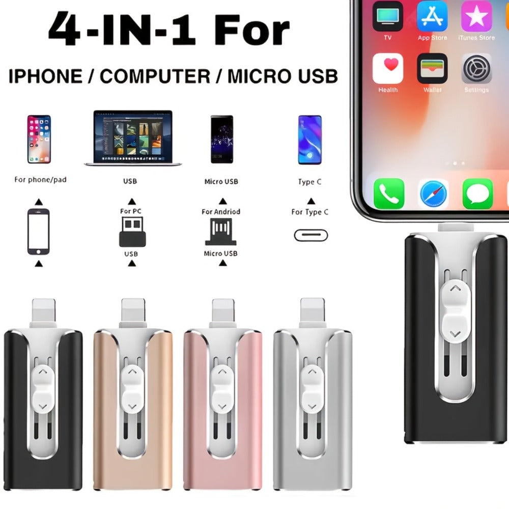 4-in-1 iPhone Flash Drive USB 3.0 OTG Photo Stick 128GB 256GB, Lightning USB-C USB-A iPad Connector Memory Stick with Backup Function Compatible with iPhone iPad Android Laptop & PC – Gold Pink Silver Blue