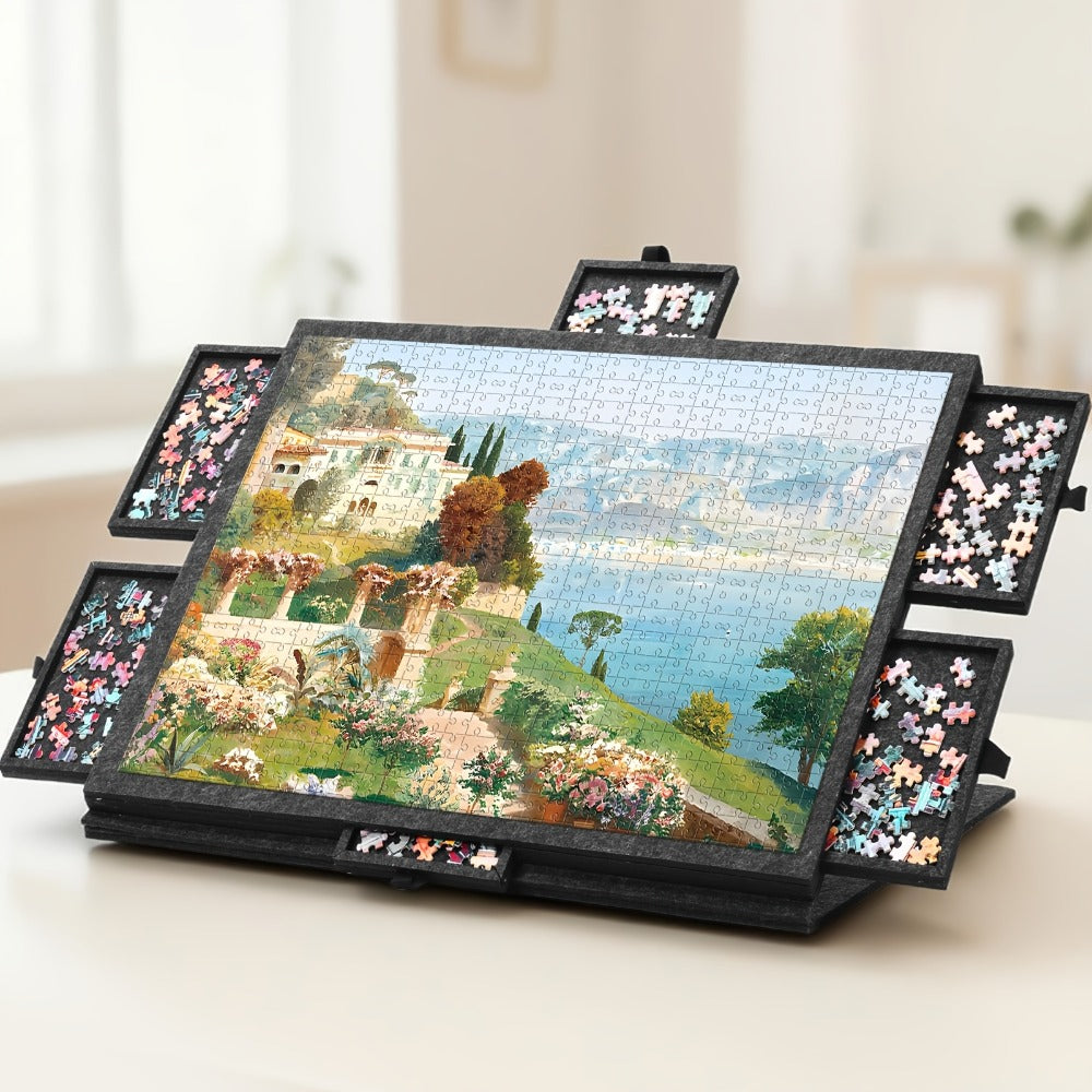 Roll-Up Puzzle Mat Board Extra Large – Foldaway Felt Mat for 1000 & 1500 Piece Jigsaw Puzzles, 6 Sorting Drawers, Portable Roll-Up Storage Solution for Puzzle Lovers Adults Seniors