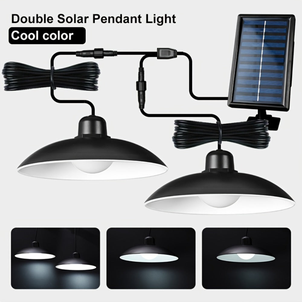 Solar Pendant Light Indoor Outdoor Hanging Light Fixture 3200mAh Rechargeable - 3 Brightness Modes Remote Control 2 LED Bulbs Warm & Cool White for Patio Gazebo Pergola Shed Garage Barn Off-Grid