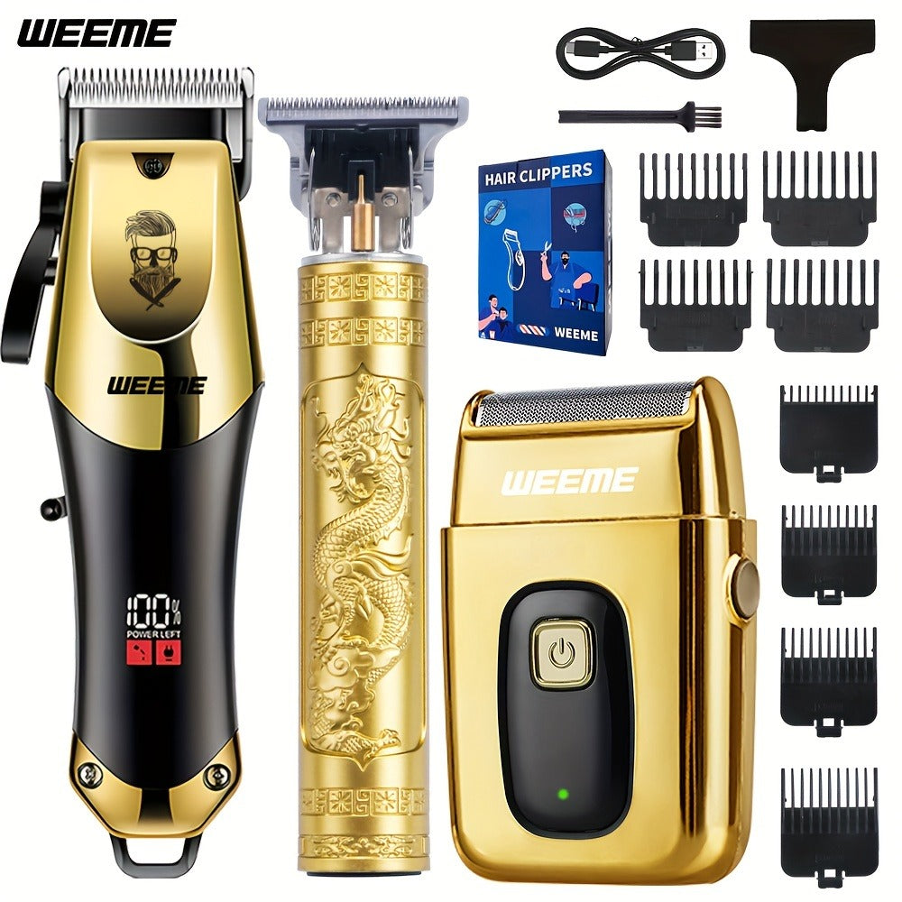 T-Blade Hair Clipper Set for Men - Golden Series USB Rechargeable Trimmer Kit with Guide Combs & Cleaning Brush, 1pc 2pcs 3pcs Options, Edge-Up Fade Beard Grooming, Gift for Men
