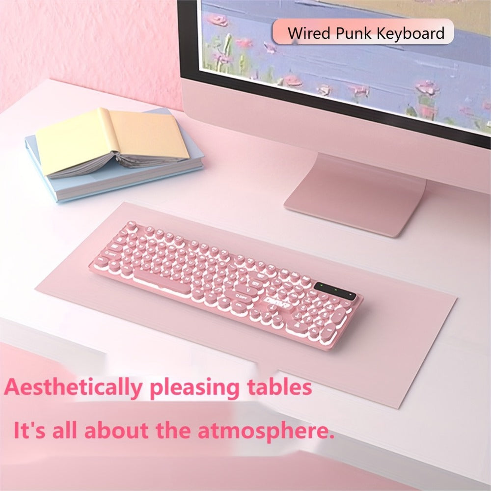Retro Punk Keyboard and Mouse Set 104 Keys Silent Mechanical Feeling 6D Macro Mouse USB Wired Ergonomic Design for PC Laptop Desktop Gaming Office Home Creative Workstation