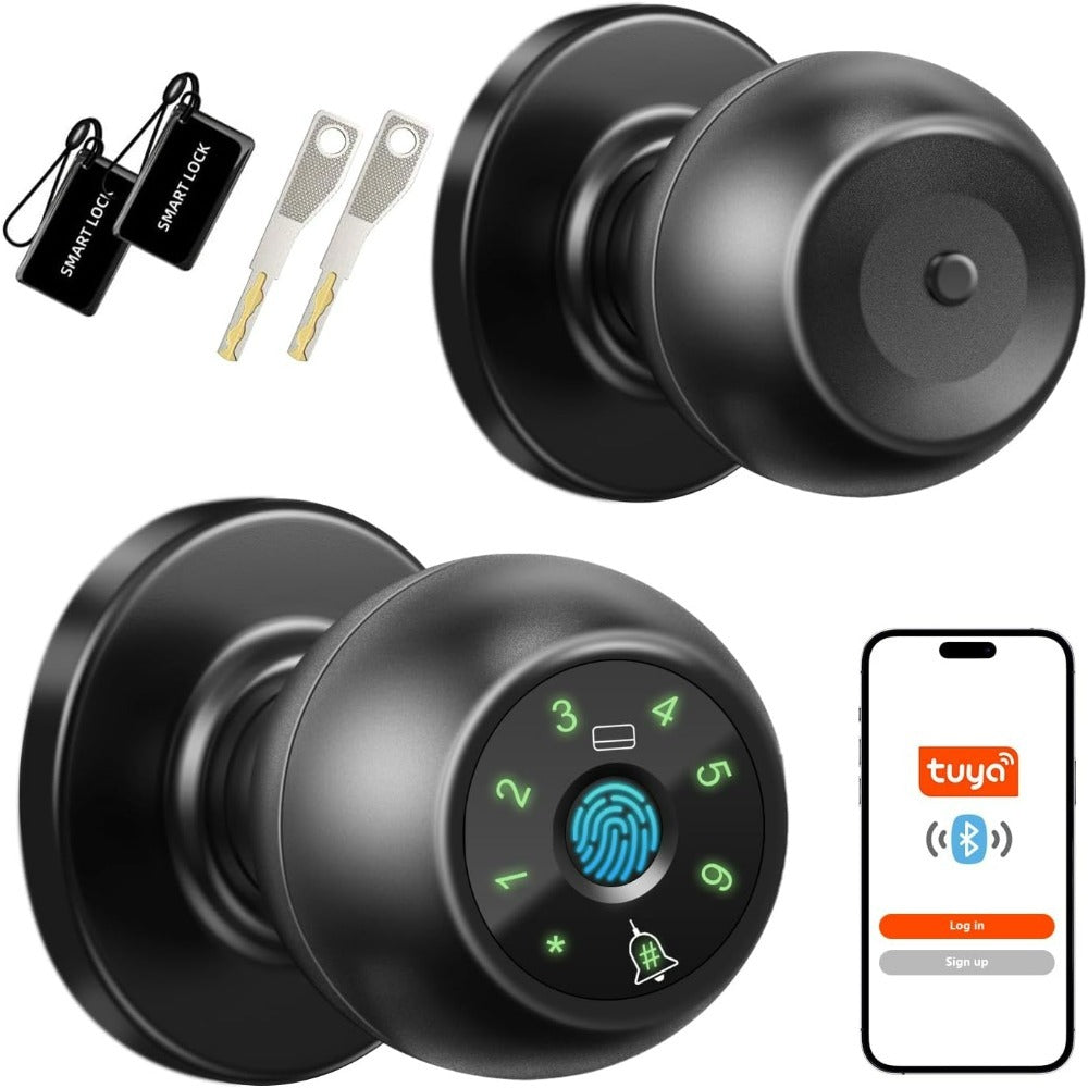 Biometric Handle Lock 5-in-1 Keyless Entry with Fingerprint, App, IC Card, Password & Backup Key – Silent Mode, Anti-Peep Keypad, Electronic Smart Door Handle for Bedroom Apartment Interior Door