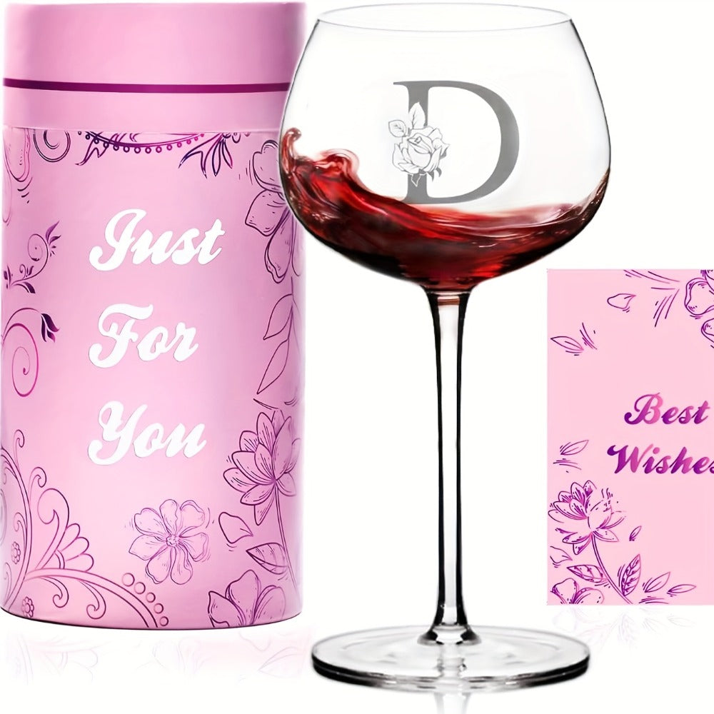 Personalized Wine Glass Gift for Women – A-Z Initial Letter Monogrammed Wine Glass with Gift Box & Greeting Card – Unique Birthday, Christmas & Mother's Day Gift for Mom, Best Friend & Sister