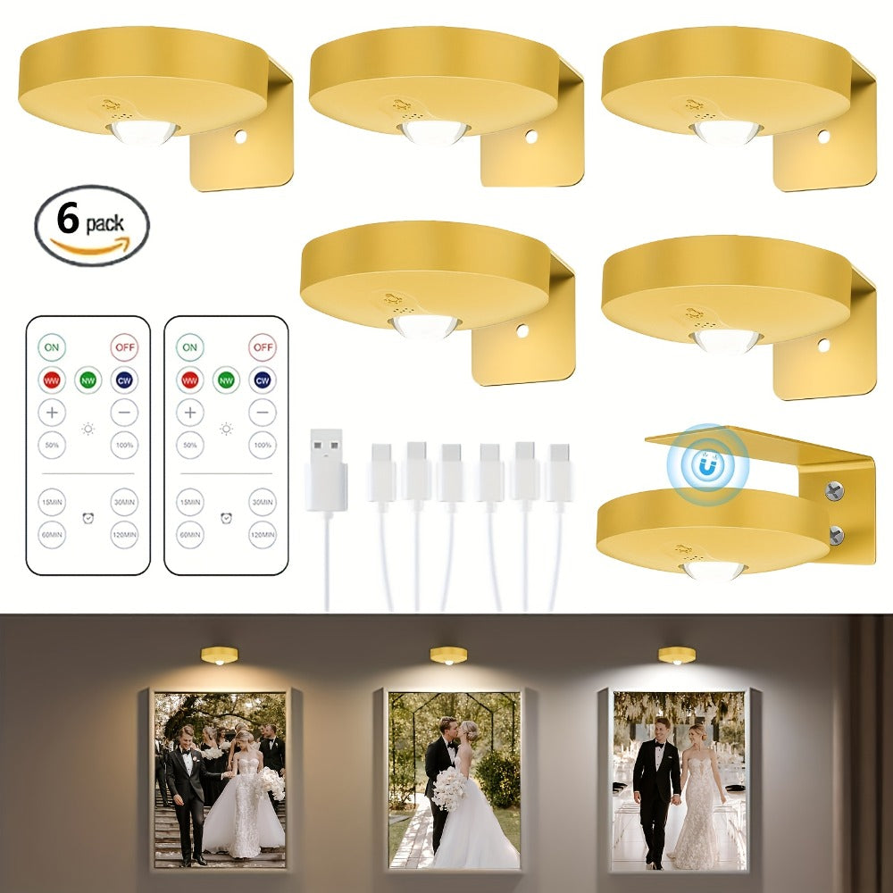 Picture Lights for Wall Rechargeable – Magnetic LED Art Display Light with Remote 3 Color Temperatures Dimmable Timer Golden Finish – 3-Pack & 6-Pack