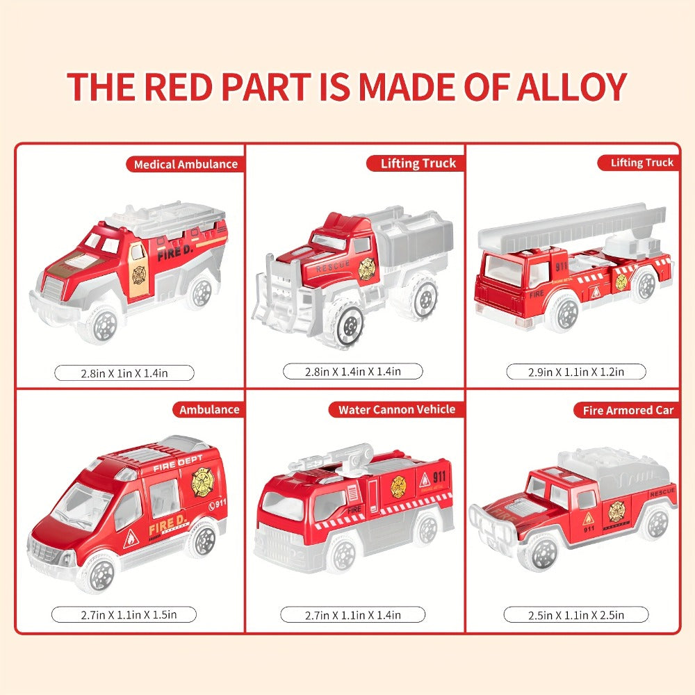 Fire Truck Toy Set with Die-Cast Metal Carrier Truck & Play Mat, Emergency Vehicle Playset