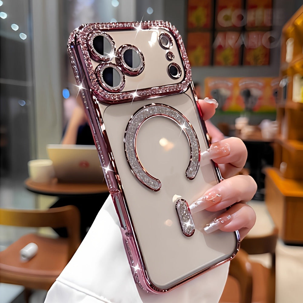 Diamond Side Magnetic iPhone Case for iPhone 17 16 15 14 13 Pro Max Plus Air 16e – Luxury Rhinestone Shiny Electroplated Wireless Charging Supported Protective Cover