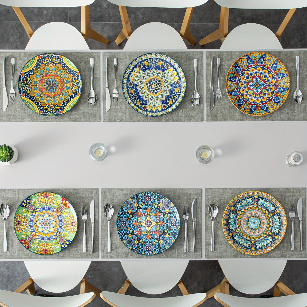 Bohemian Dinner Plates Set of 6 – 10.5 Inch Colorful Stoneware Plate Set Microwave Dishwasher Safe Scratch Resistant Porcelain Dinnerware for Home Restaurant Cafe Boho Kitchen Decor Gift