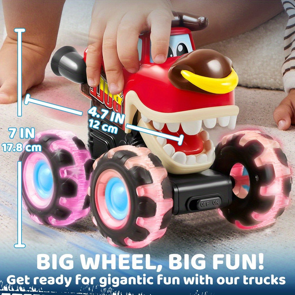 Monster Truck Toy 3-Pack with LED Lights, Press-and-Go Shark, Bull & Dinosaur