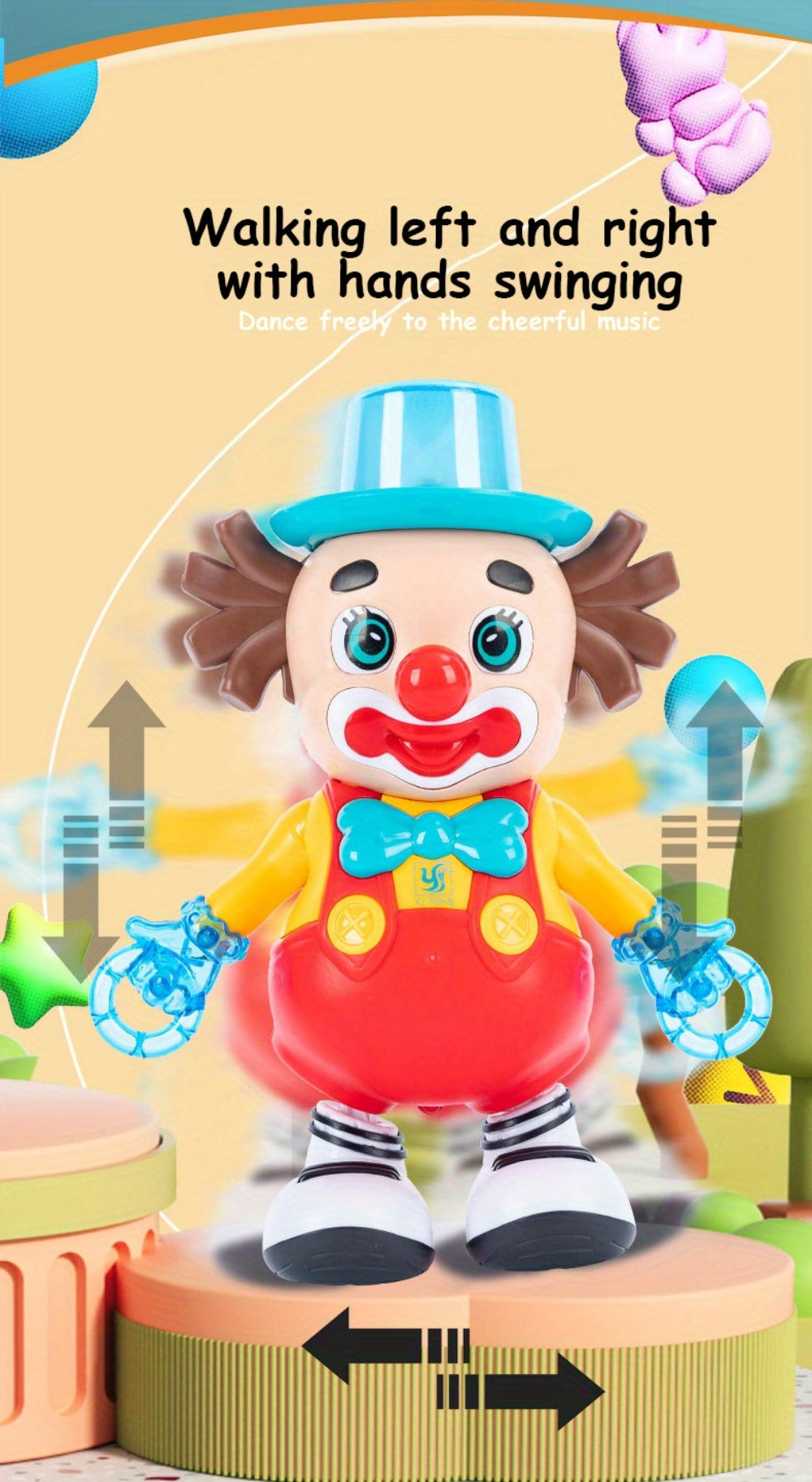 Dancing Clown Toy Doll with Light & Music, Swinging Fidget Toy for Kids Boys & Girls, Funny Weird Halloween Decoration, Christmas Birthday Gift for Children Ages 3+
