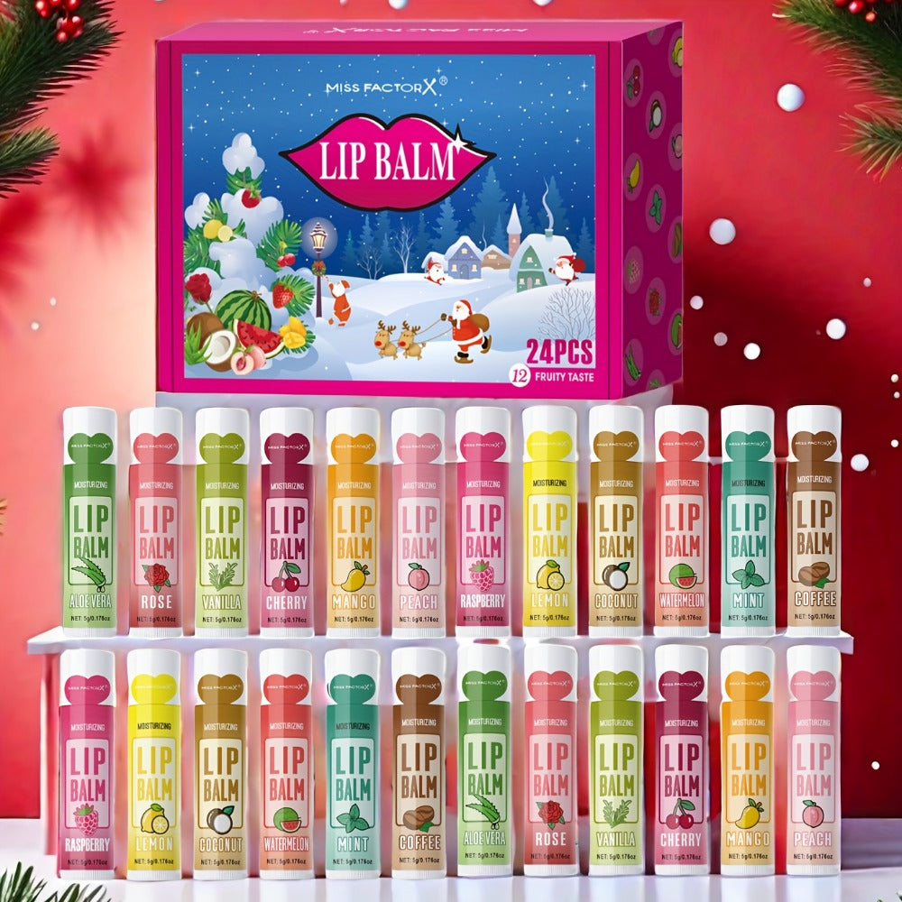 Lip Balm Set 24 Pcs Christmas Gift Box — Plant Fragrance Long-Lasting Moisturizing & Brightening Lip Color for Men & Women, Holiday Stocking Stuffer & New Year Party Favor Gift