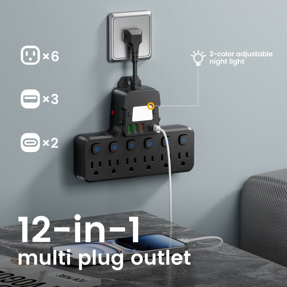 Night Light Wall Outlet Extender 11-in-1 with 6 AC Outlets & 5 USB Ports (3 USB-A & 2 USB-C), Surge Protector Adapter for Home, Travel & Office Use