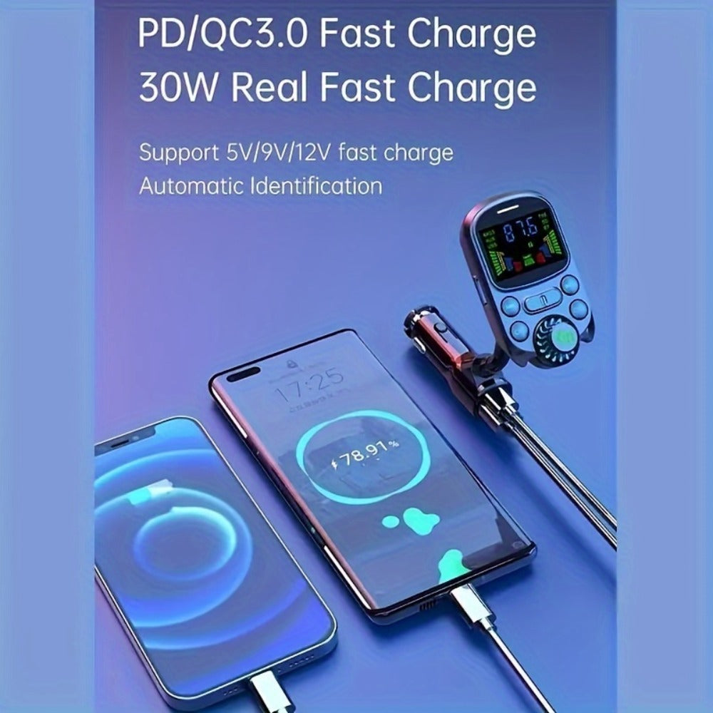 Car FM Transmitter Bluetooth 5.3 with QC3.0 & PD 30W Fast Charging, Hands-Free Car Kit, Bass Boost, 3.5mm AUX Audio Input, MP3 Player – Wireless Car Audio Adapter for iPhone Android