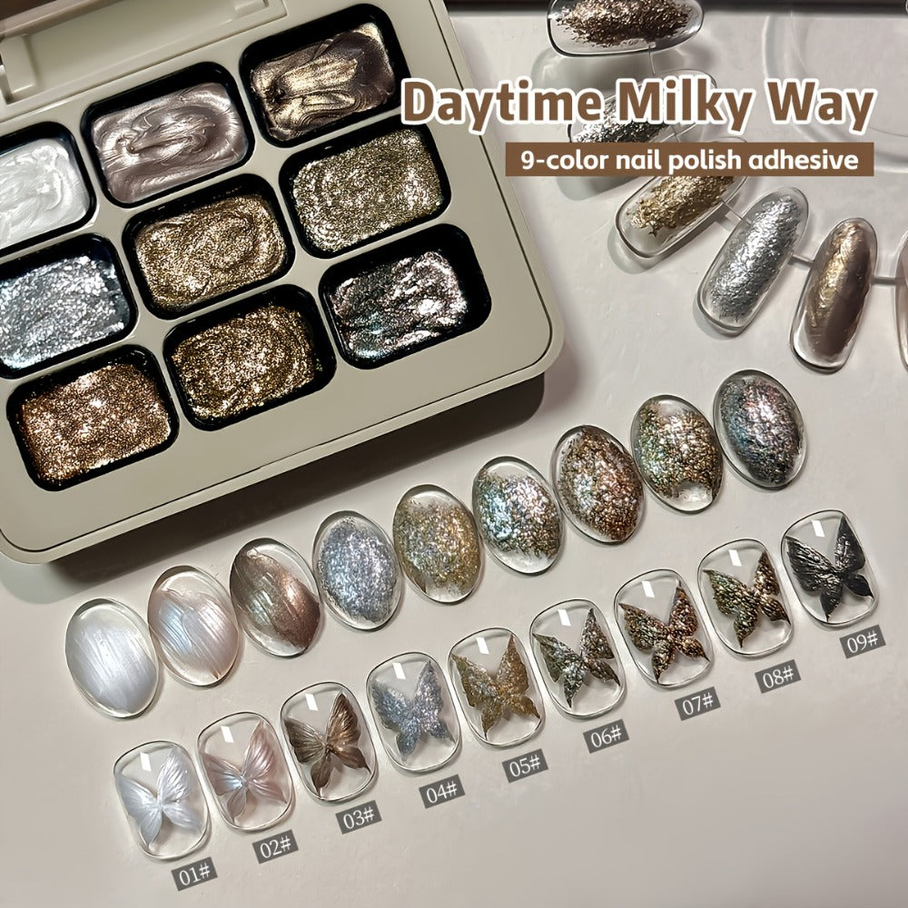Fairy Powder Nail Art Gel Set 9 Colors Galaxy Milky Way – Nine-Grid Special Effect Shimmer Gel Polish Alcohol Free UV LED Soak Off, Long Lasting Glitter Nail Gel for Salon & DIY Home Women