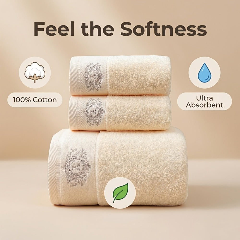 Embroidered Cotton Towel Set 3-Piece – 400g/㎡ Soft Absorbent Lint-Free Bath Towel Hand Towel Set for Home Spa Salon