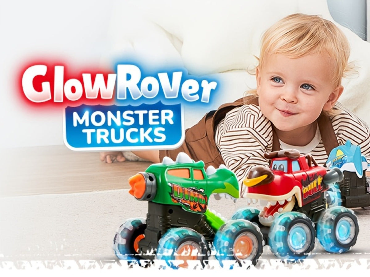 Monster Truck Toy 3-Pack with LED Lights, Press-and-Go Shark, Bull & Dinosaur