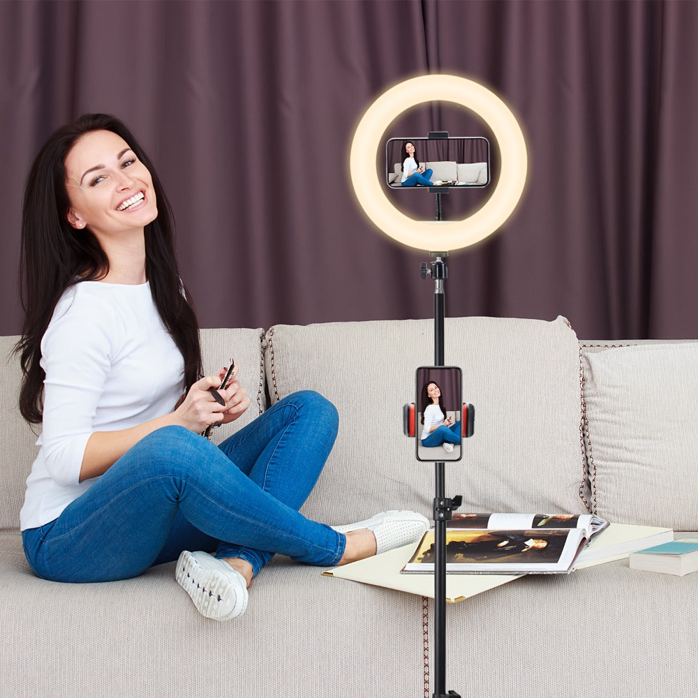 Desk Tripod Ring Light 10 12 Inch with Phone Stand, Adjustable Height 15 to 43 Inches, Dimmable LED Circular Light for Selfie Photography, Makeup, YouTube, TikTok & Live Streaming