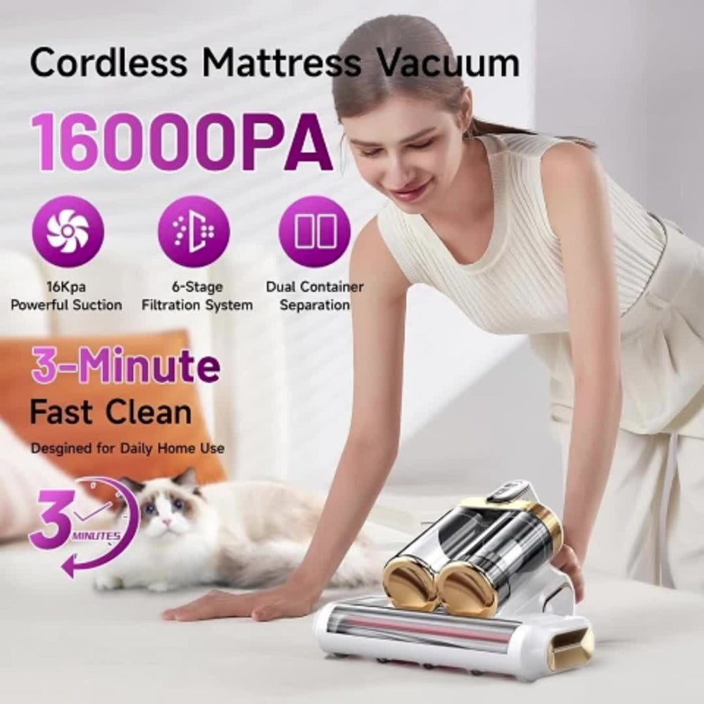 Mattress Vacuum Cleaner Handheld Bed Cleaner – 16KPa Strong Suction with UVC Light & Hot Air Heating, Deep Clean for Pillows, Sofa, Crib & Pet Hair, Double Cup Design, White or Purple