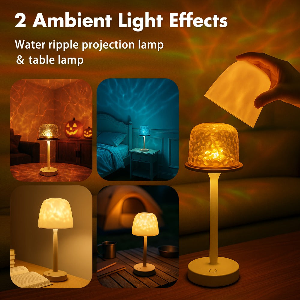 Ocean Wave LED Projector Lamp – 16 Color Rechargeable Cordless Night Light with Remote, Water Ripple Atmosphere Lamp for Bathroom Bedroom, Portable Table Lamp, RGB & Wood Base Options