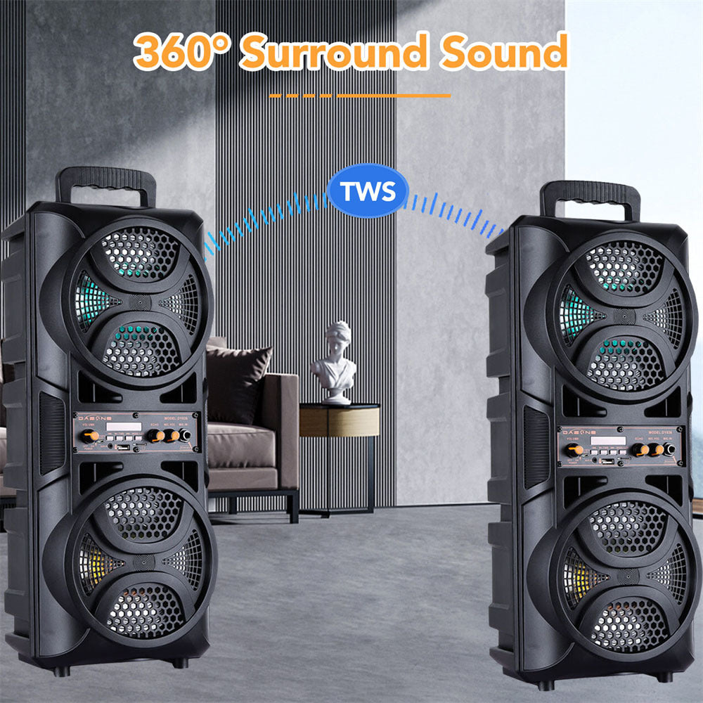 Portable Karaoke Bluetooth Speaker with Wheels & Microphone – Party DJ Sound System Dual 6.5" Woofer LED Lights FM AUX TF USB TWS Rechargeable Outdoor Speaker