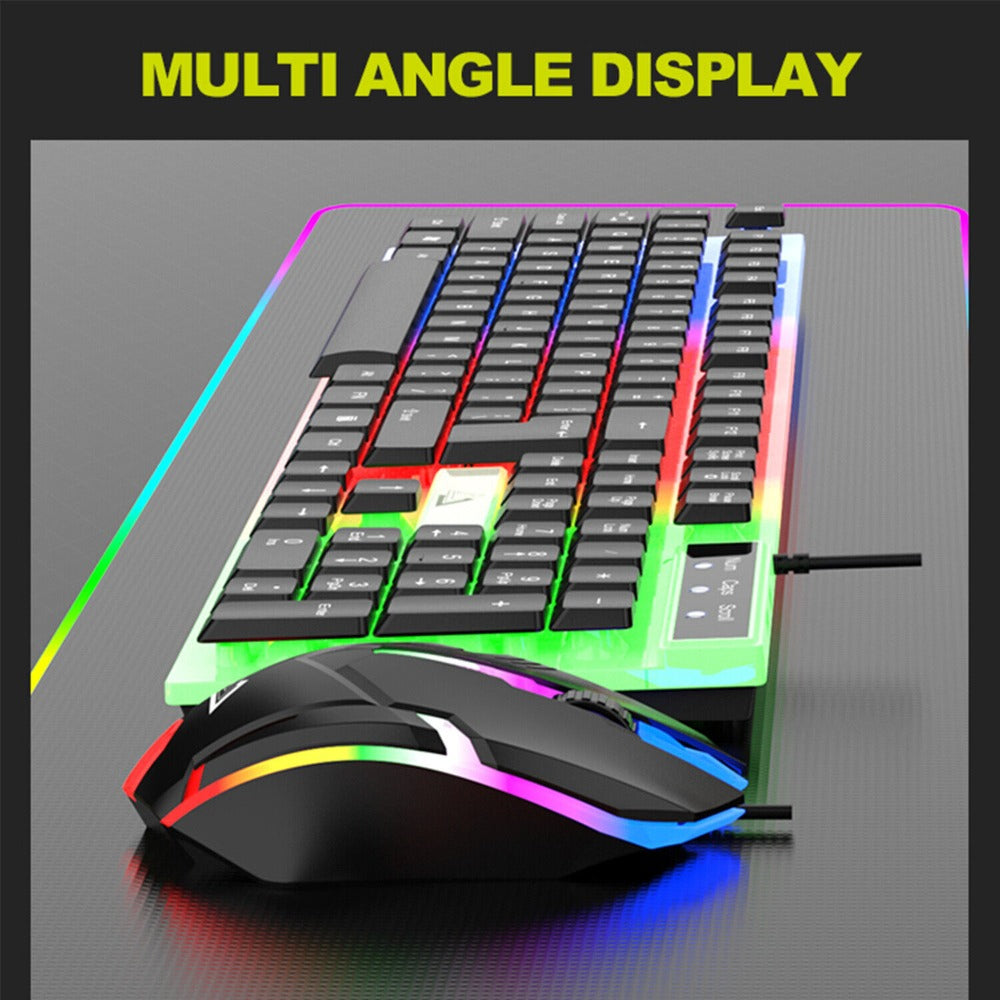 Rainbow RGB Gaming Keyboard and Mouse Combo GT100 – 104 Keys Full-Size Mechanical Cyan Axis Wired Set, Vibrant LED Backlit for PC, Laptop, Mac, Windows & Linux | 50M Keystroke Durability | Black & White