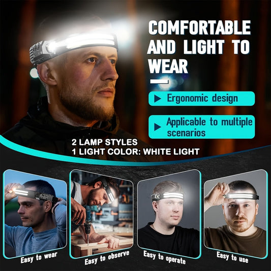 COB LED Headlamp 2-Pack with 230° Wide Beam, Motion Sensor and USB Charging