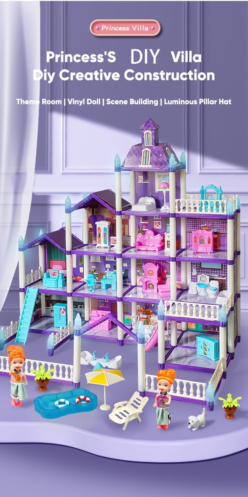 Purple LED Dollhouse Playset with 6 to 16 Room Options and Furniture