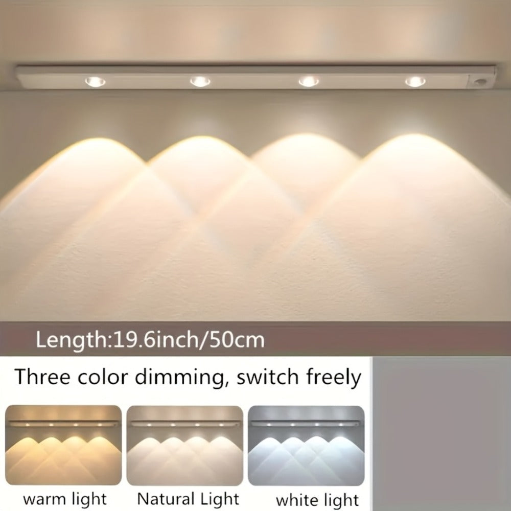 Motion Sensor Cabinet LED Strip Light USB Rechargeable 1400mAh - 3 Color Dimmable Wireless PIR Auto On Off 4 Sizes for Kitchen Wardrobe Wine Cabinet Shoe Cabinet Closet Bedroom Night Light
