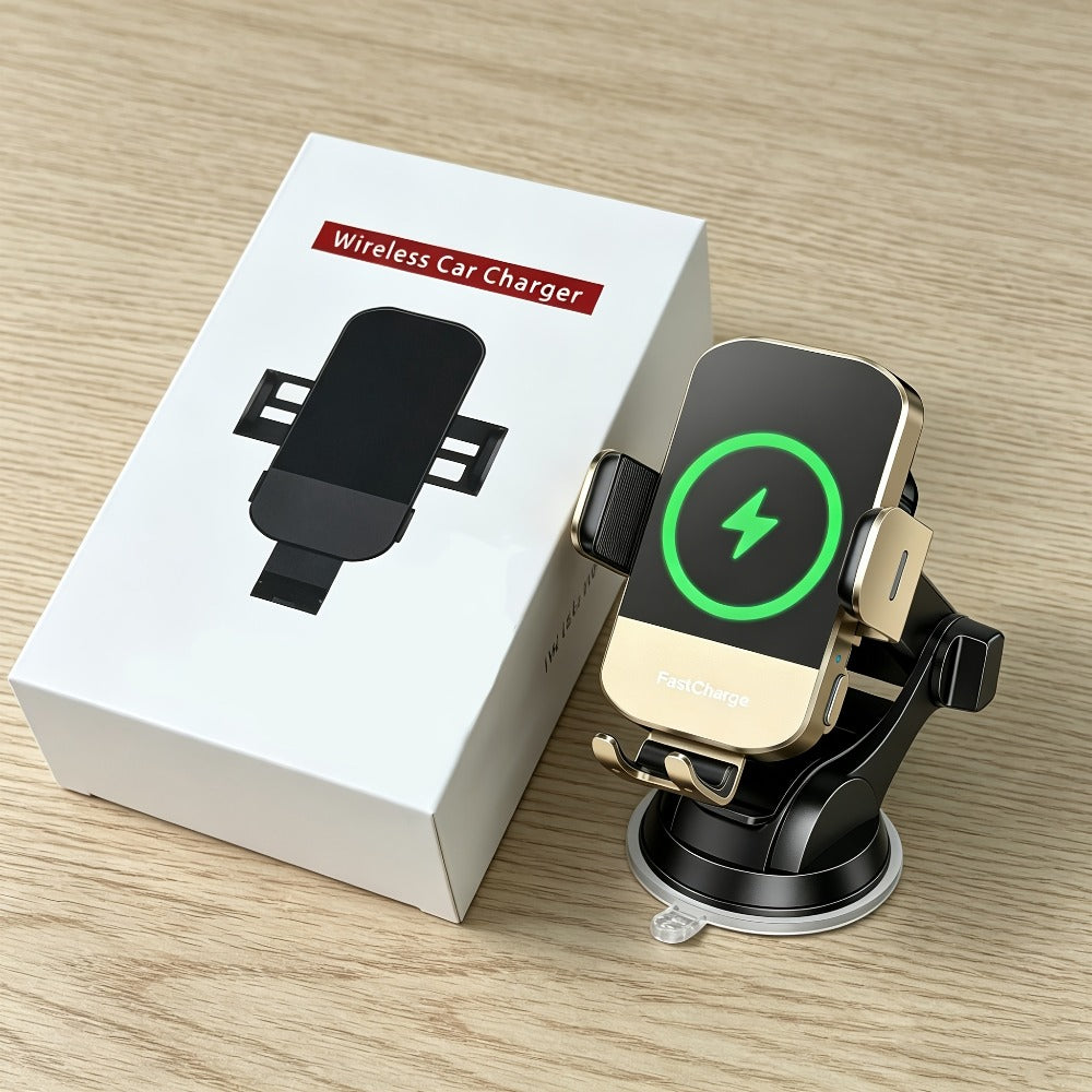 Wireless Car Charger Mount 15W Auto-Clamping – Fast Charge Phone Holder for iPhone 17 16 15 14 13 12 Pro Max, Samsung Galaxy S24 S23 S22 S21 S10 & All Qi Phones | USB-C Dashboard & Vent Mount