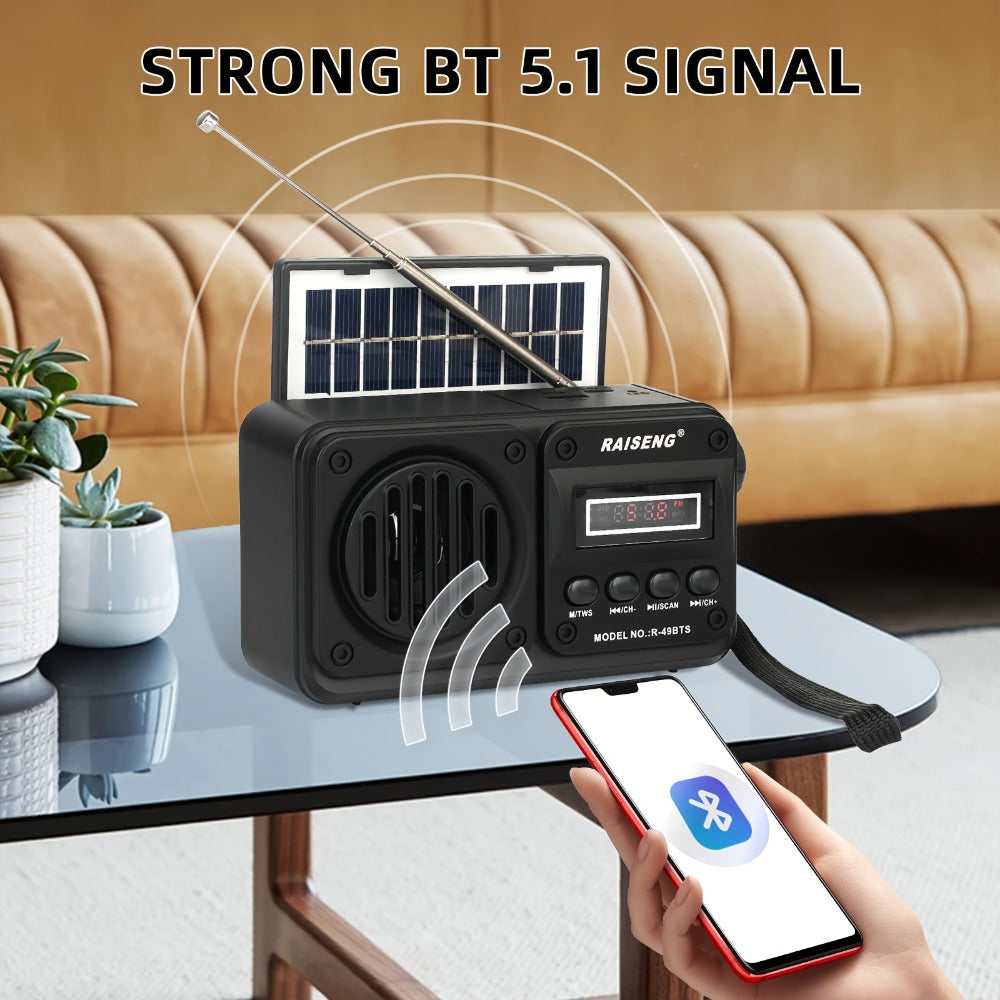 FM Portable Radio R-49BTS Retro Solar Panel Bluetooth Speaker, USB TF Card Playback, Loud Digital Radio for Indoor Outdoor Travel Emergency Camping, Independence Day Gift