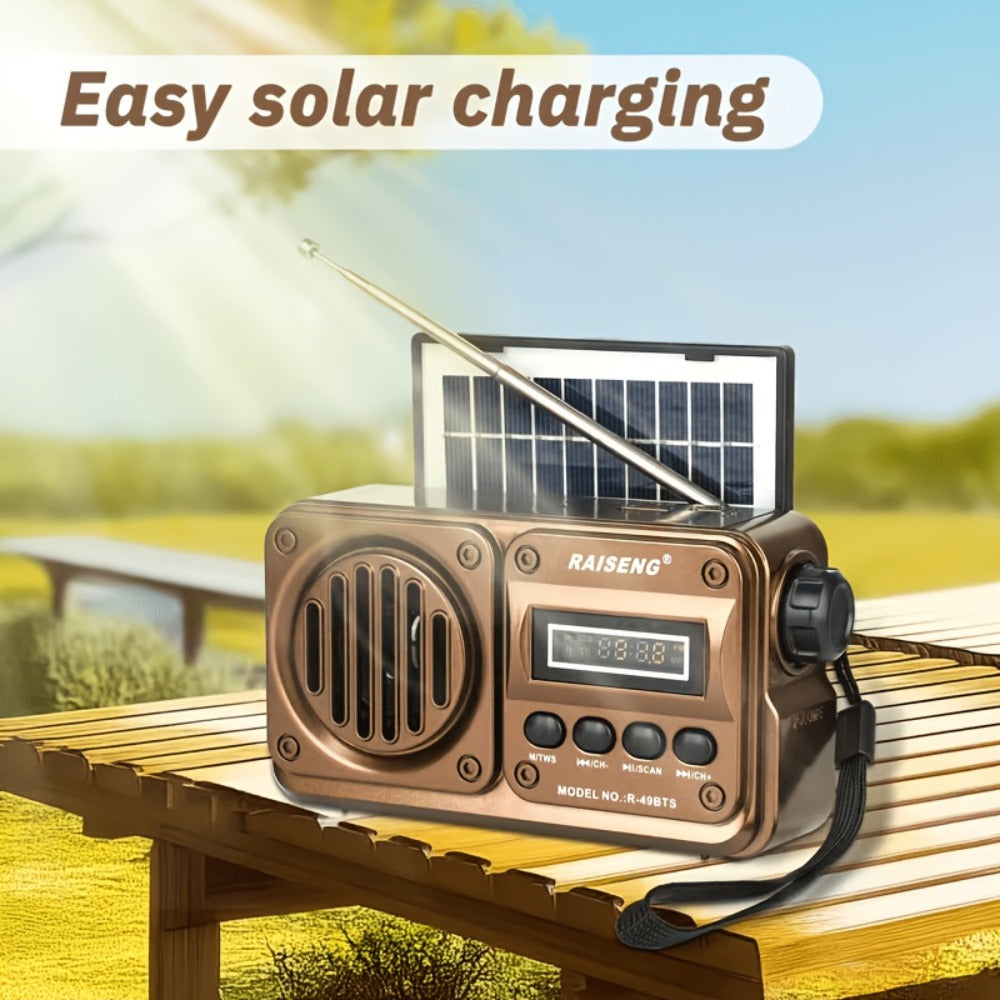 FM Portable Radio R-49BTS Retro Solar Panel Bluetooth Speaker, USB TF Card Playback, Loud Digital Radio for Indoor Outdoor Travel Emergency Camping, Independence Day Gift