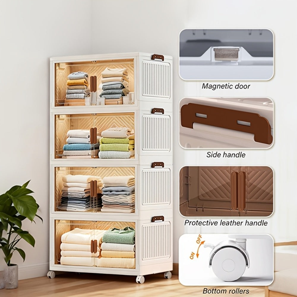 Stackable Foldable Storage Cabinet with Door – PP Plastic 1/2/3/4/5 Layer Organizer Box with Wheels & Cover | Dual-Access Home Storage for Clothes, Books, Snacks & Kitchen Supplies | Office & Garage