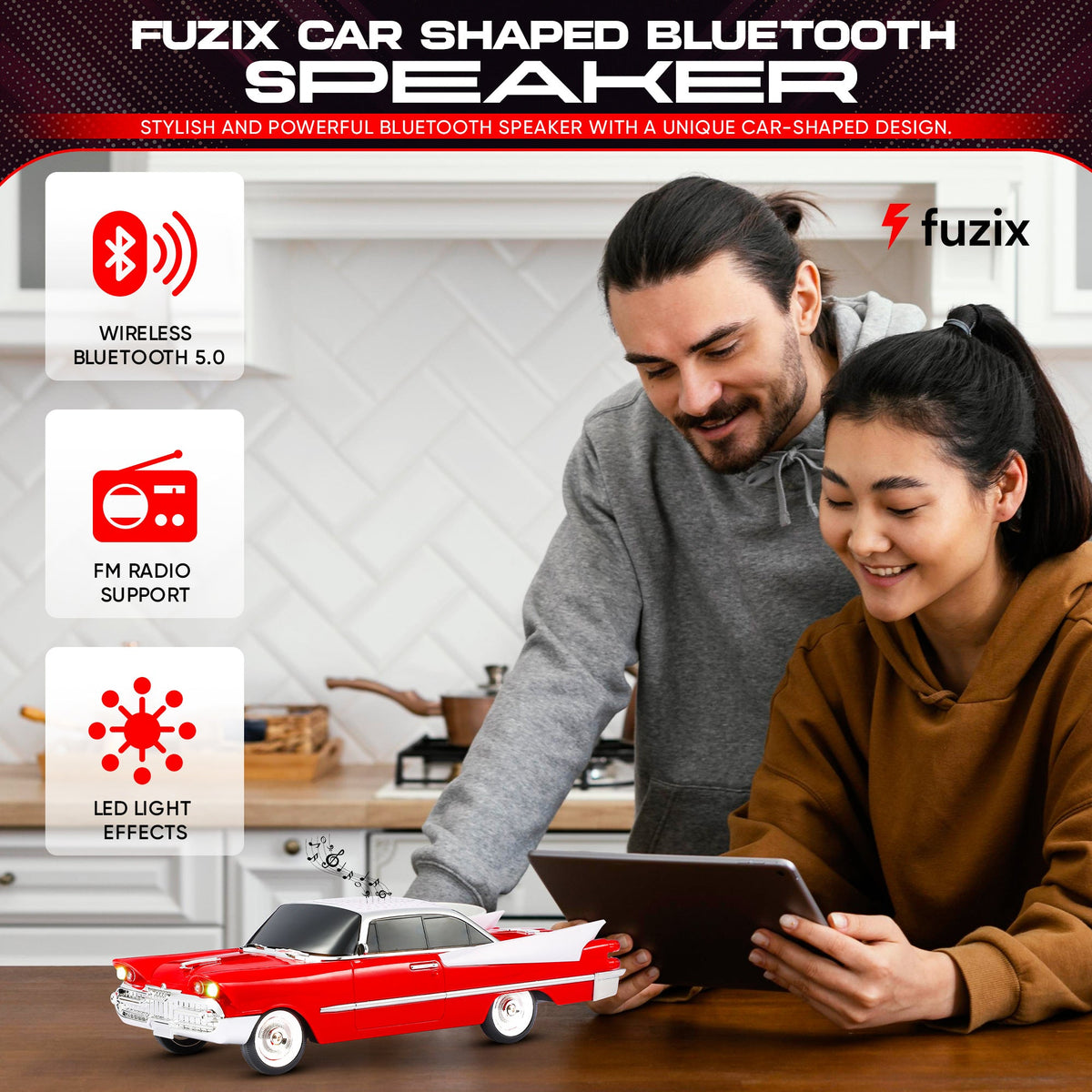 Retro Car Bluetooth Speaker with LED Headlights & Taillights, Fuzix WS-1965 Wireless Portable Stereo Speaker, AUX/USB/TF/FM Radio, Built-in Mic, Rechargeable Battery, Gift for Car Enthusiasts