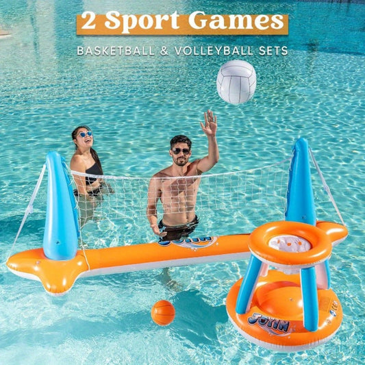 Inflatable Pool Game Set with Volleyball Court, Net & Basketball Hoop, Large