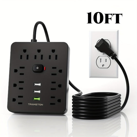 45° Tilt Plug Power Strip 12-in-1 Surge Protector with 9 AC Outlets & 3 USB Ports, 10ft Long Extension Cord, Advanced Overload Protection for Home, Office & High-Power Devices