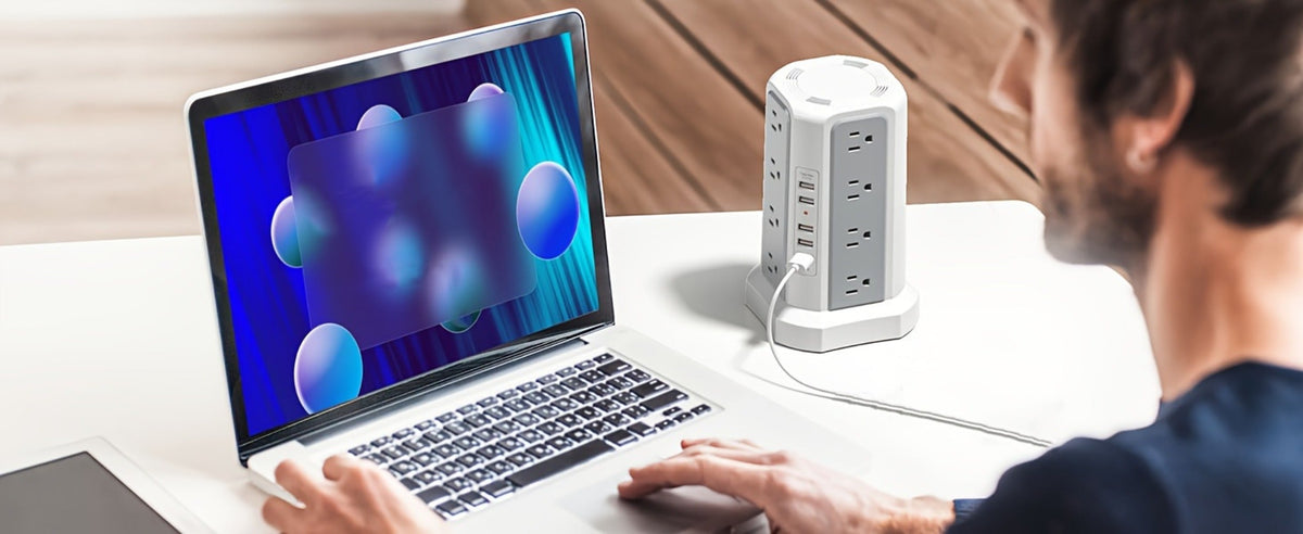 PD18W USB-C Power Strip Tower 21-in-1, 16 AC Outlets & 5 USB Ports, 1500J Surge Protector, Angled Flat Plug, 6ft 13A Extension Cord, Fast Charging Desktop Power Tower for Home Office Dorm – White