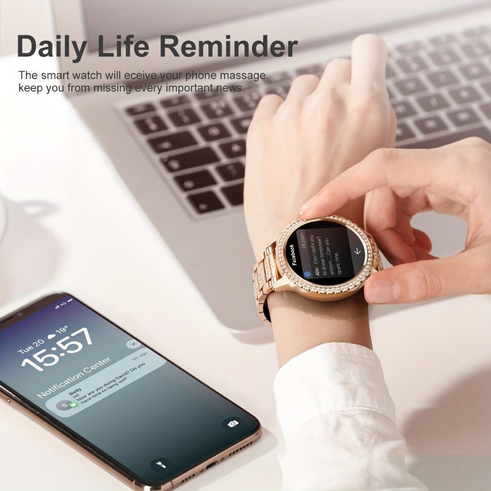 Elegant Smartwatch for Women Exclusive Watch Dials – 1.32" HD Screen Wireless Calling Fitness Tracker 20 Sports Modes Compatible with iPhone Android Gold Silver Black Gift for Her