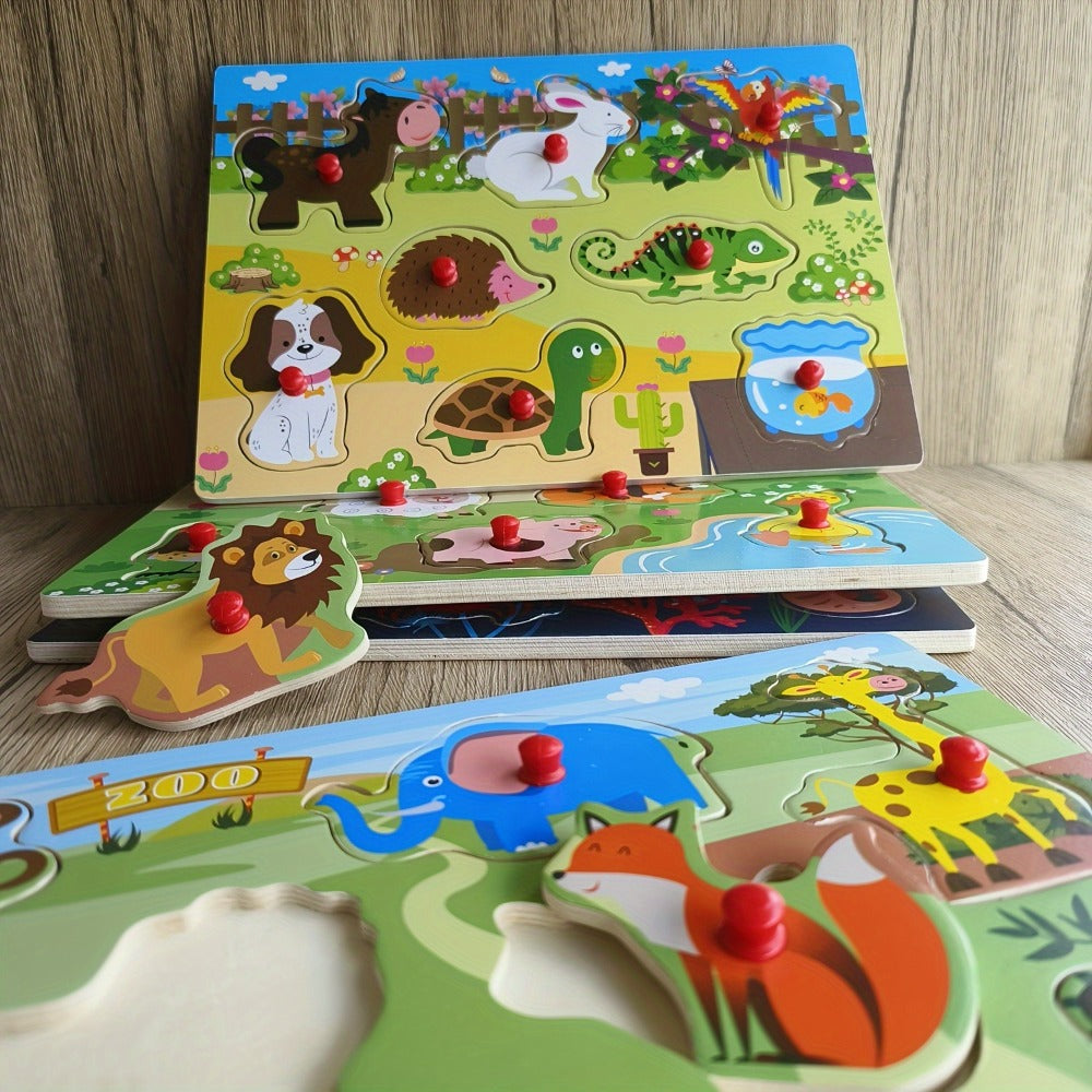 Wooden Peg Puzzles for Toddlers, Set of 4 Knob Puzzles in Farm, Zoo, Christmas & Halloween