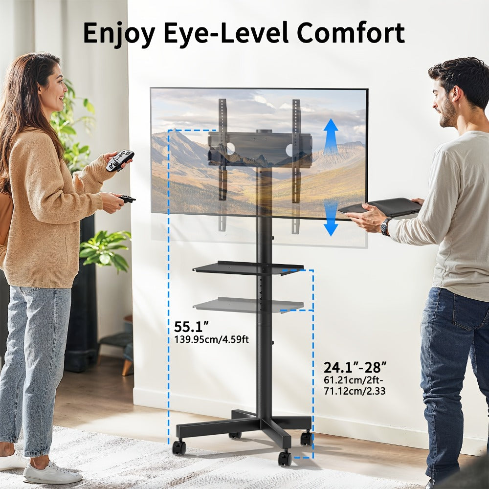 Rolling TV Cart Stand for 23-60 Inch TVs – Height Adjustable 12-24", Lockable Wheels, Media Shelf, Cable Management, 55 lbs Capacity, VESA 100-400mm, Home Office & Commercial Use, Black