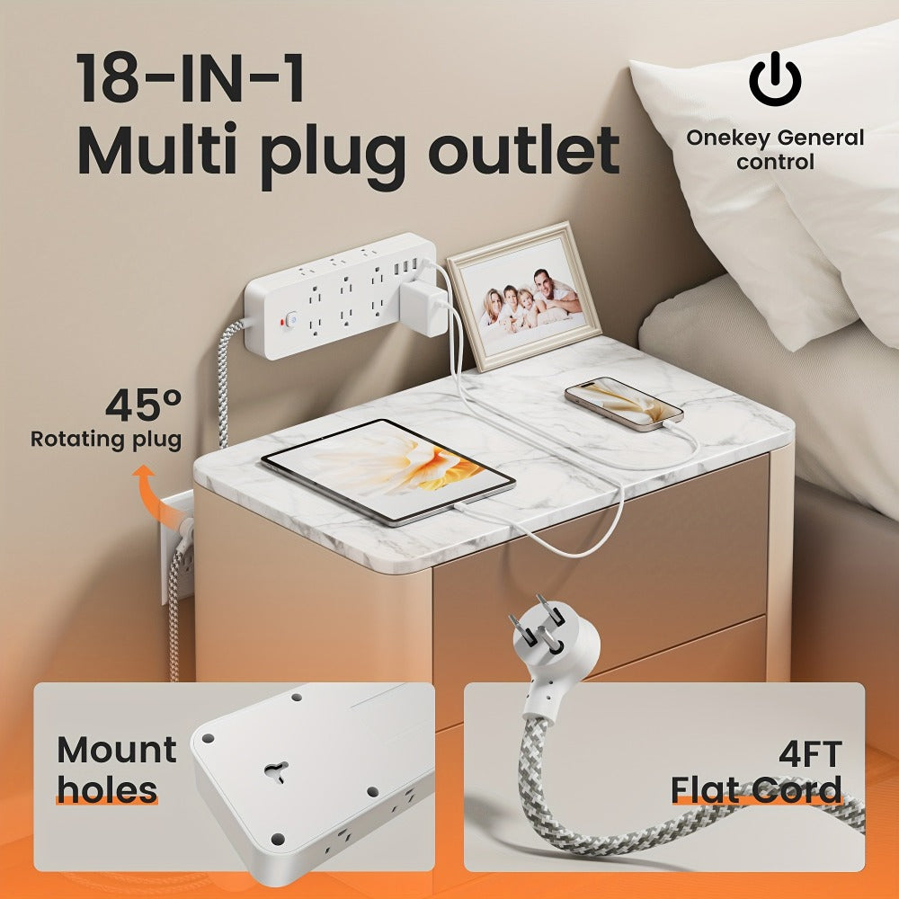 14-Outlet Power Strip Surge Protector 18-in-1 with 14 AC Outlets 3 USB-A 1 USB-C Port Independent Switch Overload Protection Multi-Plug Charging Station for Living Room Bedroom Bedside Office Balcony – Black & White