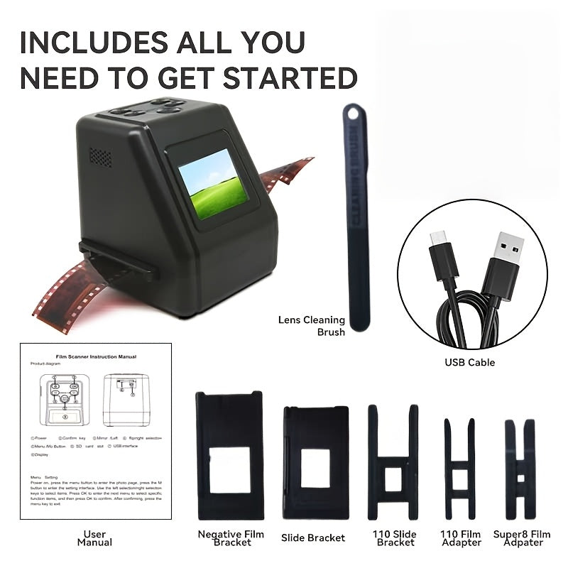 Film Scanner 10MP Negative & Slide Scanner, Converts 35mm/110/Super 8 Film to Digital JPEG, 2.0" LCD Screen, 1-Second Fast Scan, Easy-Load Design, Saves to SD Card, Perfect for Preserving Old Photo Memories