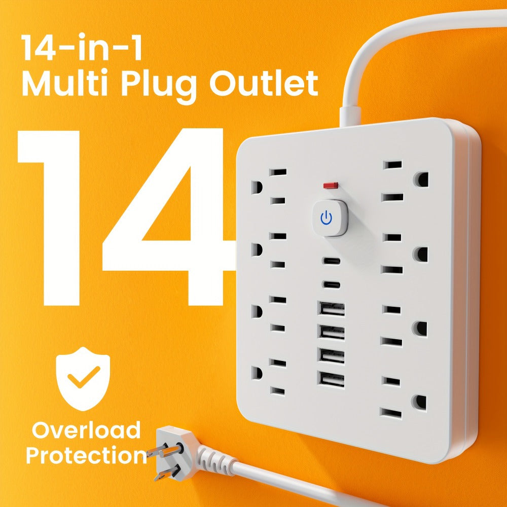 14-in-1 Wall-Mountable Power Strip with Surge Protector – 8 AC Outlets & 6 USB Ports (2 USB-C), Flat Plug Space-Saving Extension Cord, Overload Protection for Home School Office, 5ft or 10ft